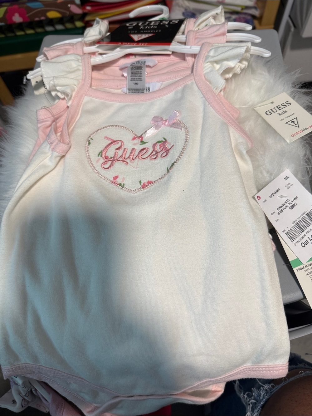 Guess White Baby Tank Bodysuit with Pink Trim & Heart Logo 18 months